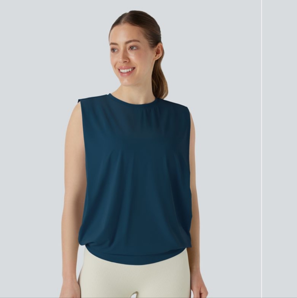 HALARA Round Neck Ruched Cool Touch Yoga Tank Top- UPF50+ Size L
